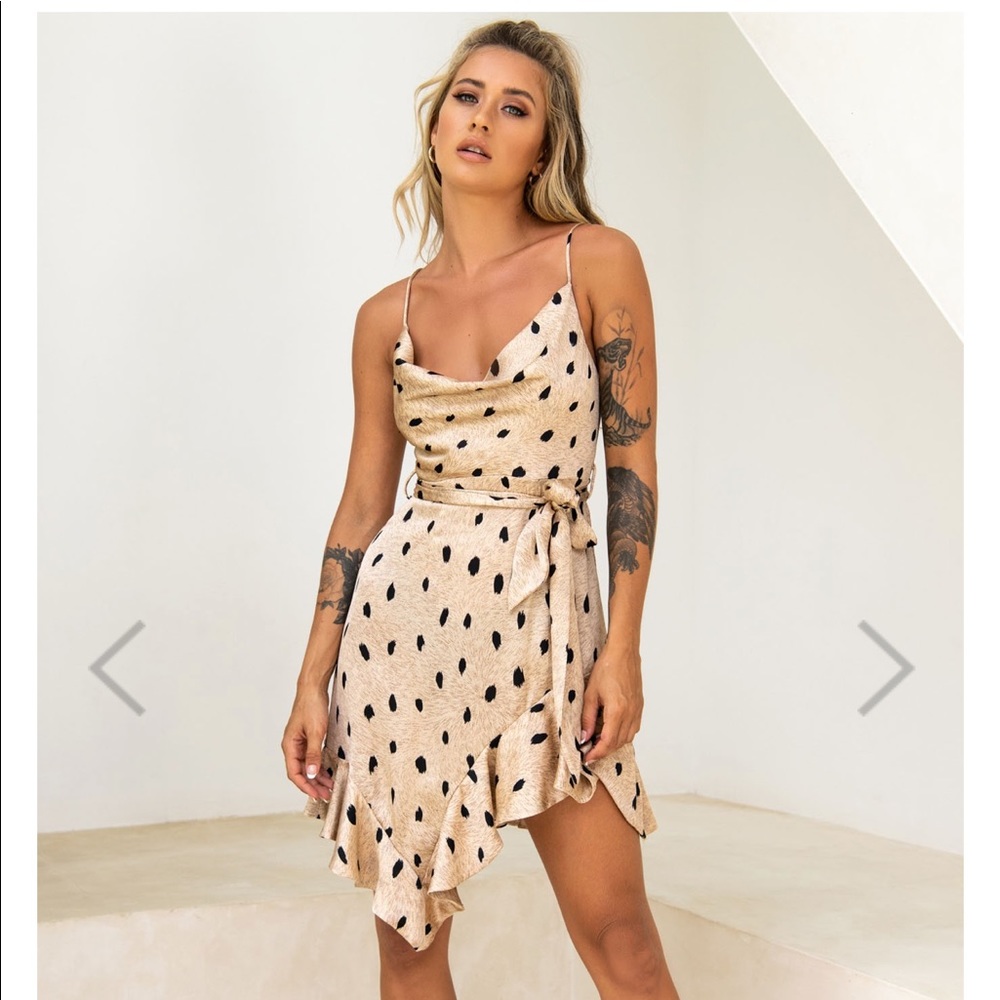 Tan w/ Black Polka Dot Satin Dress